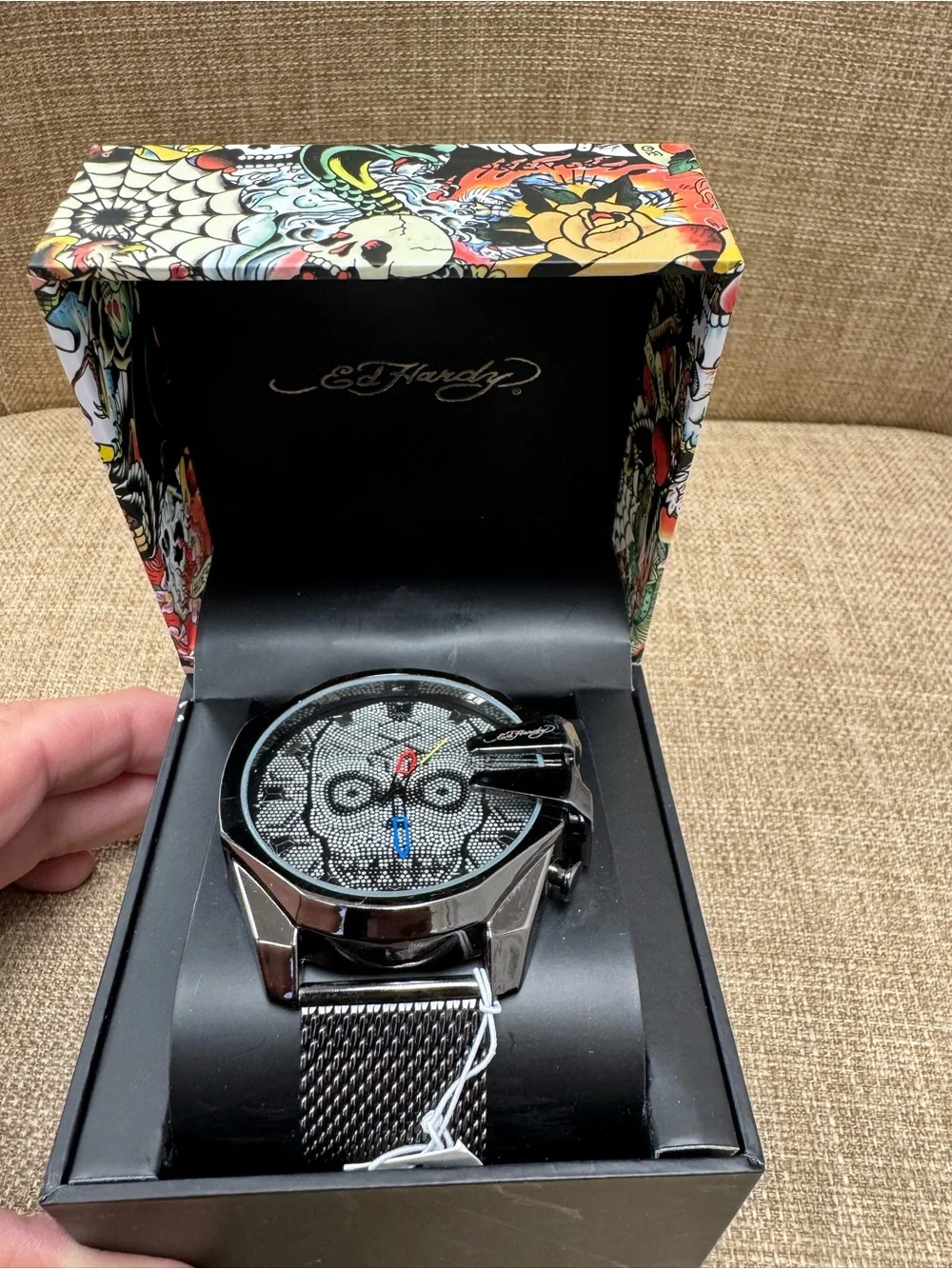 Ed Hardy Men’s Quartz Skull Dial Watch Black Mesh Band 46mm 30m Box……Retails $95